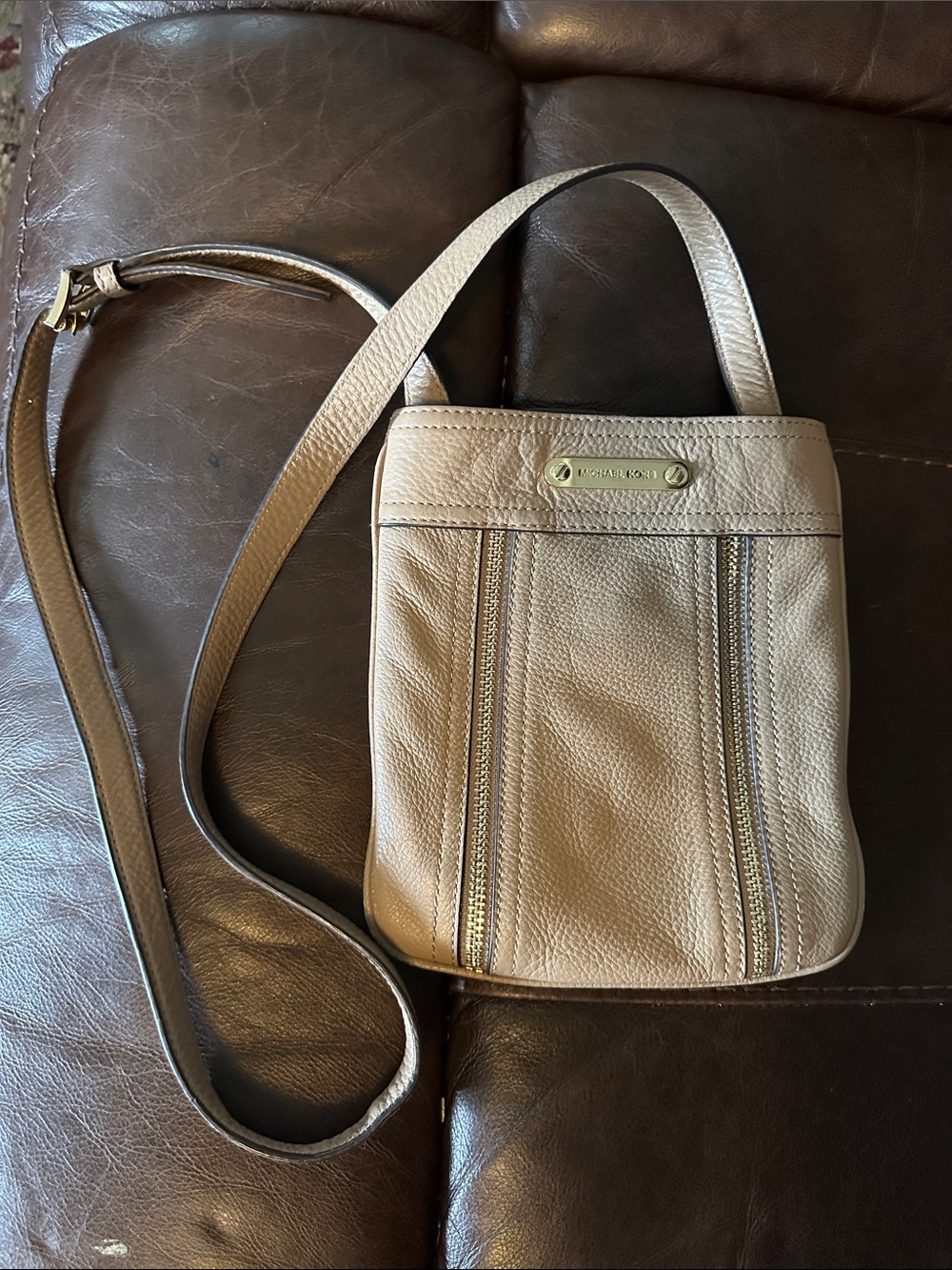 MICHAEL Michael Kors Taupe Leather Crossbody with Gold-Tone Plate